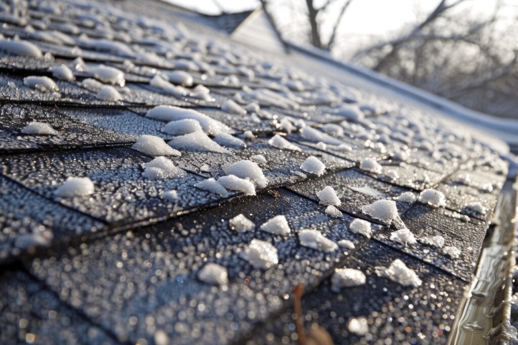 winter ice storm on an asphalt shingle roof in Massachusetts